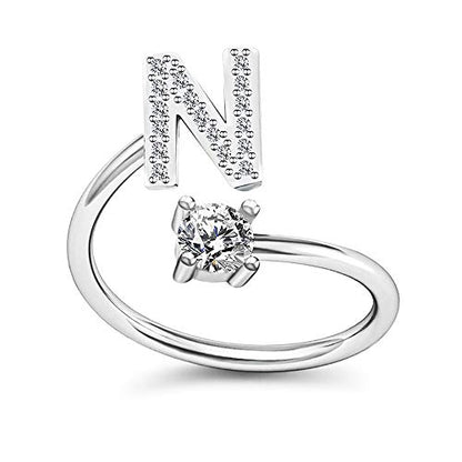 FUTIMELY Initial Letter Ring Alphabet Ring A-Z Silver Crystal Open Adjustable Personalized Initial Ring for Women - style: N