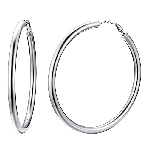 ChainsHouse 30/40/60/80mm Hoop Earrings for Women,Chunky Earrings in 18K Gold Plated/Silver/Black,Minimalist Jewelry Round Tube Hoops Fits Sensitive Ears|Hypoallergenic&Waterproof,with Gift Box - color: E:steel-round tube, size: 80MM