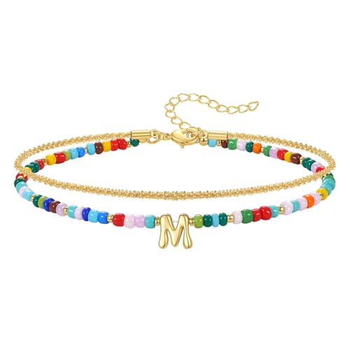 KissYan Initial Ankle Bracelets for Women | Layered Colorful Beaded Anklet with 14K Gold Chain, Waterproof Dainty Jewelry Gift for Summer Beach - style: M