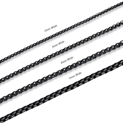 FOSIR Mens Womens Stainless Steel Black Rolo Cable Chain Necklace, Round Box Chains for Men, 2/3/4/5mm Width - size: 28.0 Inches long, style: 2mm wide-stainless steel