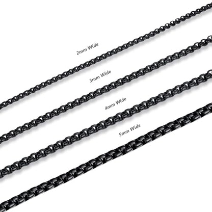 FOSIR Mens Womens Stainless Steel Black Rolo Cable Chain Necklace, Round Box Chains for Men, 2/3/4/5mm Width - size: 20.0 Inches long, style: 2mm wide-stainless steel