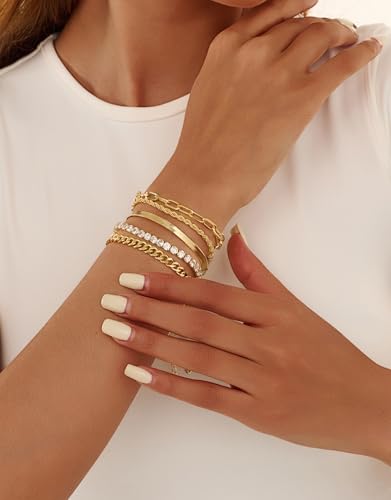 Gold Bracelets for Women 14K Gold Plated Stack Trend Bracelets Charm Paperclip Chain Cuban Link Layered Waterproof Bracelet Dainty Bracelet for Women Jewelry Gifts - color: 5Pcs Gold