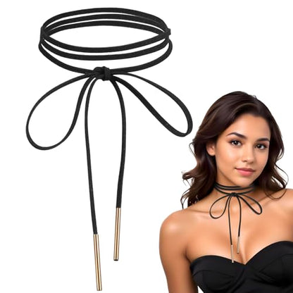 Red Choker Necklace for Women, Gothic Bow Velvet Choker, Sexy Long Wrap Rope Collar Tie Neck Chain with Gold Tube, Red Bow Tie Necklace Neck Accessories for Party Prom - color: Black