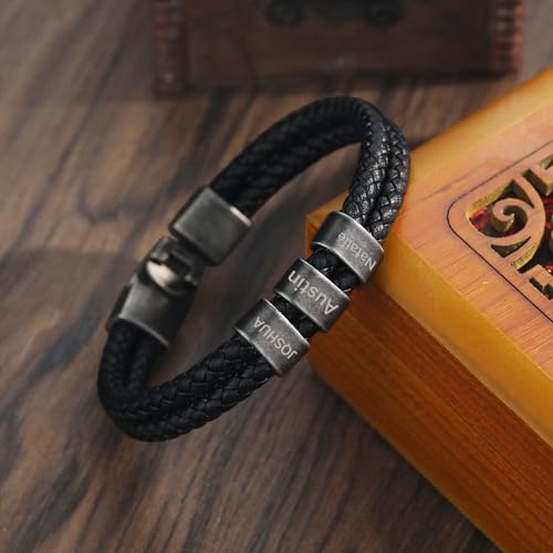 Personalized Braided Leather Bracelet with Photo Custom Name Beads Cuff Bangle Jewelry Gifts for Men Dad Husband Grandpa Fathers Day - color: Style 3