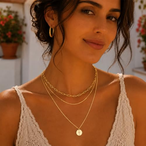 Glowave 14K Gold Plated Layered Stack Chunky Coin Cross Necklace for Women