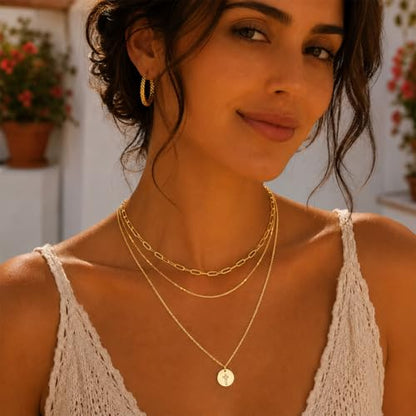 Glowave 14K Gold Plated Layered Stack Chunky Coin Cross Necklace for Women