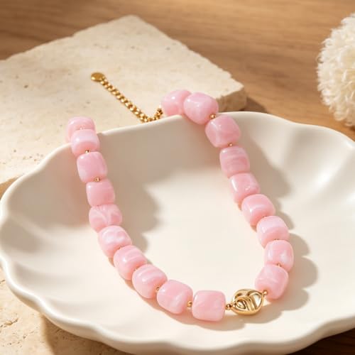 Chunky Beaded Necklace for Women,Square Resin beads boho Choker Necklace with gold-tone spacers,Fashion Trendy Summer Beach Party Necklaces Handmade Surfer Beach Necklaces Jewelry Gifts - color: Pink