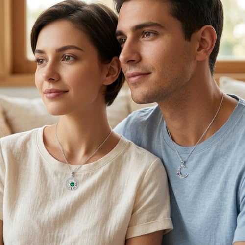 Couples Necklace for 2 Sun and Moon Pendant Matching Jewelry Anniversary Birthday Gifts for Couples BFF - color: May&January