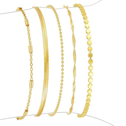 Gold Bracelets for Women, 14K Gold Plated Stackable Bracelet Stack Set Adjustable Charm Small Square Chain Snake Link Layered Waterproof Jewelry Sets Gifts - color: Bracelets-1 Gold