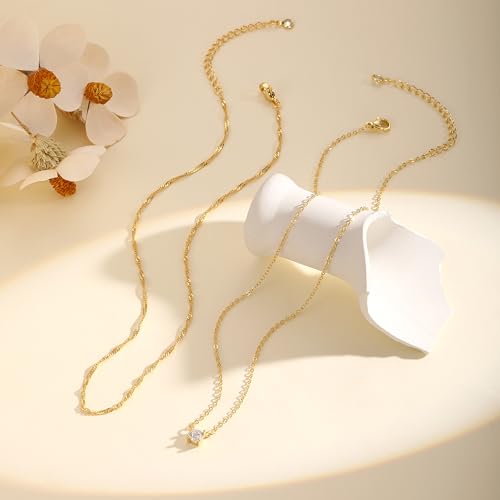 Layered Gold Necklace Set for Women Dainty Waterproof Cute Choker | 14K Gold Plated Minimalist Non Tarnish Lightweight CZ Pendant Pearl Twist Paperclip Chain Jewelry Gifts - style: 2PCS-Twisted rope zircon-GD