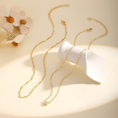 Layered Gold Necklace Set for Women Dainty Waterproof Cute Choker | 14K Gold Plated Minimalist Non Tarnish Lightweight CZ Pendant Pearl Twist Paperclip Chain Jewelry Gifts - style: 2PCS-Twisted rope zircon-GD