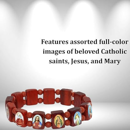 Catholica Shop Devotional Catholic Religious Wood Stretch Bracelets. Small and Large Panels with Assorted Images of Saints, Jesus and Mary. Unisex. Handcrafted in Brazil - style: Small Panel Red Tone