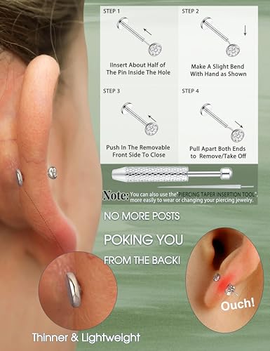 8 Pcs Moissanite Nose Studs Flat Back Earrings 16G/18G/20G | 14K Gold Plated Hypoallergenic Nose Studs, Moissanite Nose Rings for Women Men, Lip, Helix, Conch Piercing Jewelry, Flat Back - color: Silver| 16G(1.2MM)-Bar-6/8MM&Moissanite-2/3/4MM