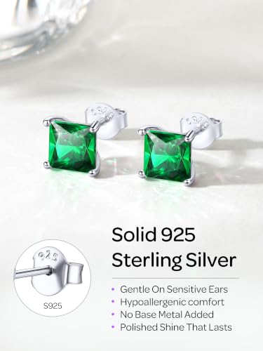ChicSilver 925 Sterling Silver Earrings Sparkling Heart/Round/Princess Cut Birthstone Earrings for Women Birthday Jewelry with Gift Box - style: A.May(Emerald)-Princess Cut