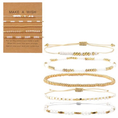 5Pcs Stack Gold Plated Ball Beaded Bracelets Set for Women, Boho Handmade Colorful Glass Pearl Stretch Accessories Jewelry, Summer Beach Daily Wear Holiday Friendship Gift - color: White Gold