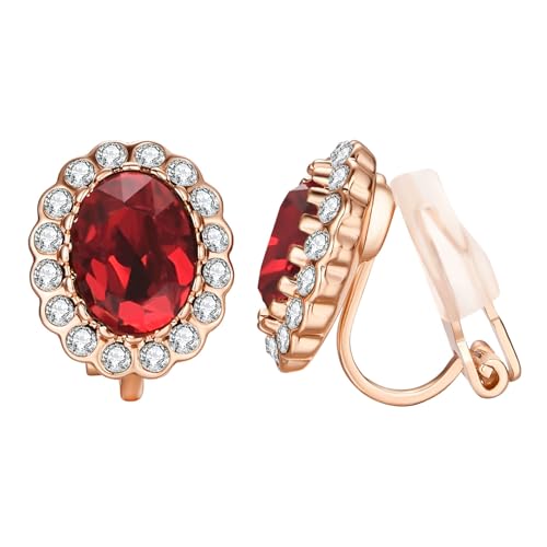 Yoursfs Vintage Crystal Clip On Earrings For Women Platinum Plated Rhinestone Clip On Earrings Non Pierced Oval Shap Cubic Zirconia Earring Hypoallergenic Jewelry - style: Red crystal clip-on earrings