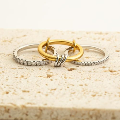 Gold Stackable Rings for Women Non Tarnish, 18k Gold Plated Cubic Zirconia Rings, Silver Gold Multi Ring Mixed Metals Stack Rings Set - color: 2 stones rings, size: 8