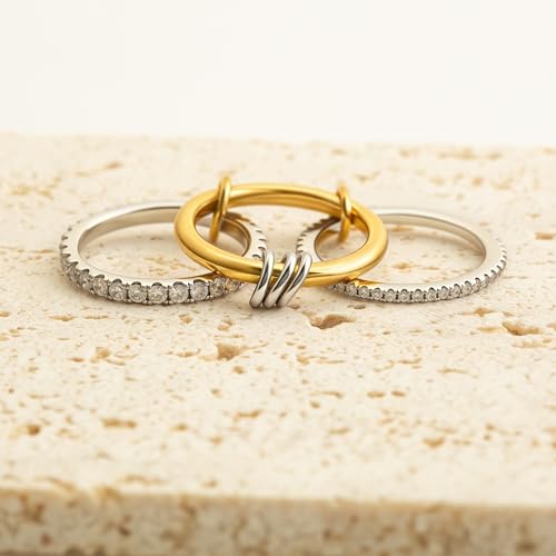 Gold Stackable Rings for Women Non Tarnish, 18k Gold Plated Cubic Zirconia Rings, Silver Gold Multi Ring Mixed Metals Stack Rings Set - color: 2 stones rings, size: 11