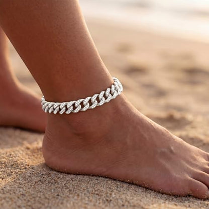 Width-12mm Chunky Cuban Link Ankle Bracelets for Women Waterproof, 18K Gold/Silver Plated Anklets Cubic Zirconia Adjustable Thick Chain Trendy Beach Summer Fashion Jewelry Gift - style: Style 2-Silver