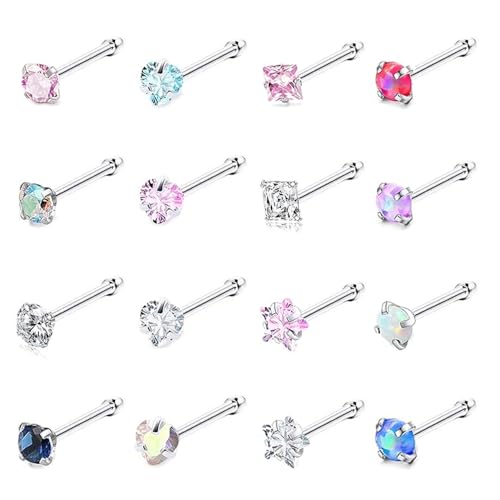 SEEDRILL Nose Rings Studs for Women 16Pcs 20G/18G Nose Studs Hypoallergenic 316L Surgical Steel Nose Piercings Jewelry 3mm CZ & Opal Nose Ring L Shape Nose Stud 20 Gauge Nose Screw Studs - style: 18G/Straight Shape/Colorful CZ