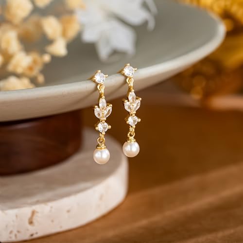 CHESKY Pearl Drop Earrings for Women, 14K Gold Plated Pearl Dangle Earrings | Dainty Pearl Earrings for Women,WaterProof Gold Brides Wedding Earrings,Bridesmaid Bridal Gift,Trendy Women Everyday Jewelry - style: leafs