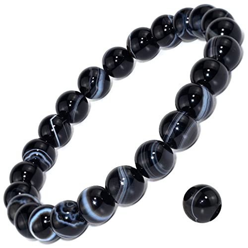 8mm Natural Crystal Stretch Bracelet | Handmade Round Stone Bead Bracelet, Runs Large, Meditation Yoga Gift for Women & Men - color: Black Sardonyx