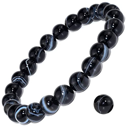 8mm Natural Crystal Stretch Bracelet | Handmade Round Stone Bead Bracelet, Runs Large, Meditation Yoga Gift for Women & Men - color: Black Sardonyx
