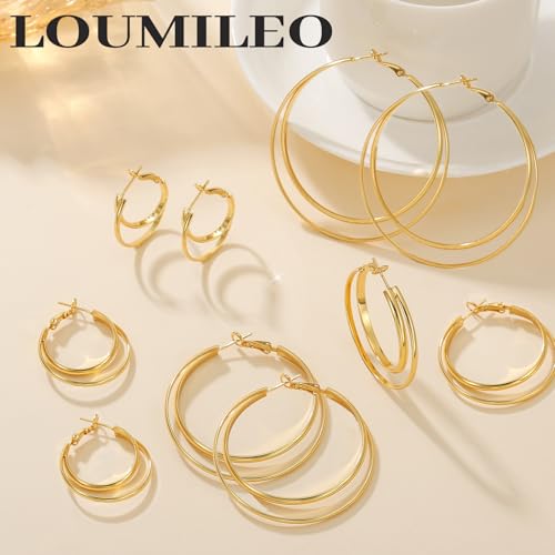 LOUMILEO 14k Gold Plated 925 Sterling Silver Post Double Hoop Earrings Hypoallergenic Lightweight Thin Large Hoop Earrings for Women 25/30/40/50/60mm - color: gold-25mm