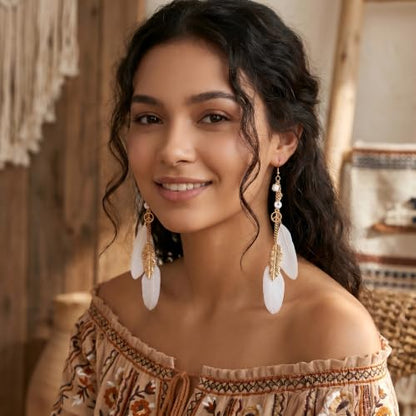 FRESHME Native American Earrings for Women - Ethnic Boho Feather Dangle Jewelry with Tessel for Birthday Party Photoshoot - color: White