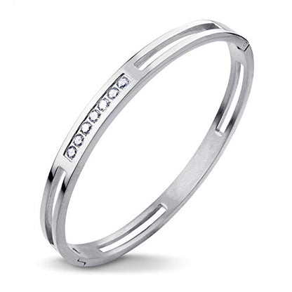 555Jewelry Womens Stainless Steel Fashion CZ Studded Cuff Bangle Bracelet - color: Silver - Grooved