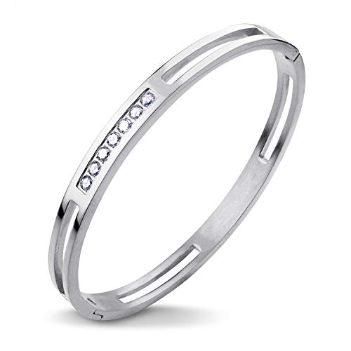 555Jewelry Womens Stainless Steel Fashion CZ Studded Cuff Bangle Bracelet - color: Silver - Grooved