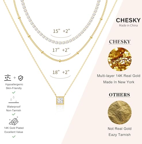 CHESKY 14K Gold Plated Layered Necklaces for Womens Trendy,Dainty Tennis Necklaces Simple CZ Pendant Stack Jewelry Gifts