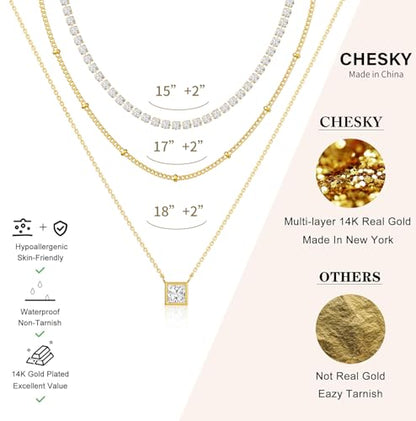 CHESKY 14K Gold Plated Layered Necklaces for Womens Trendy,Dainty Tennis Necklaces Simple CZ Pendant Stack Jewelry Gifts