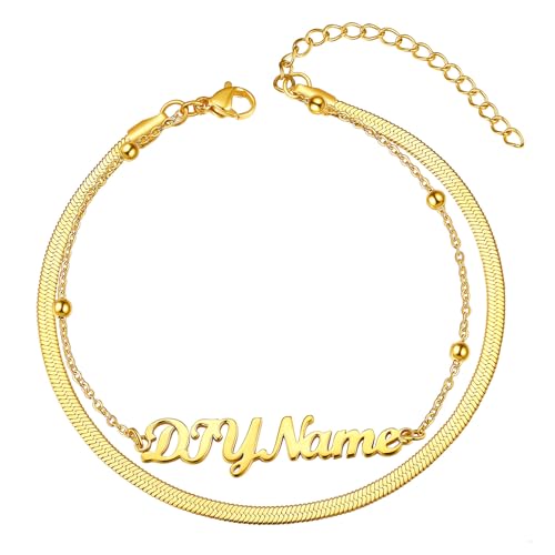 ChainsHouse Double Layer Anklet Bracelet for Women,Adjustable Chain Anklets Stackable Dainty Anklets,Stainless Steel/Gold Plated/Black Ankle Jewelry Gifts - color: B-Gold Plated-Snake Chain