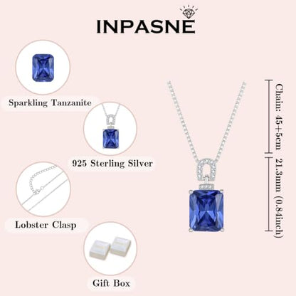 Emerald Cut Birthstone Necklace for Women 925 Sterling Silver | Baguette Birthstone Pendant Necklace, Jewelry for Mom Wife - color: Navy Blue