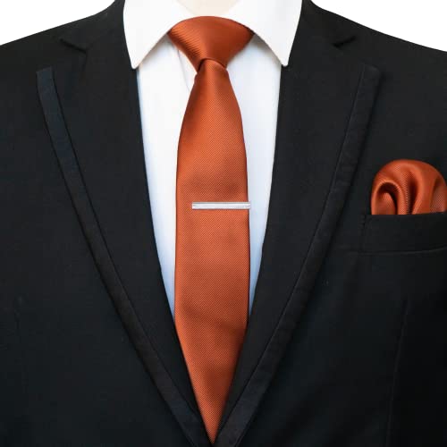 JEMYGINS 2.4" Solid Color Skinny Tie and Pocket Square with Tie Clip Sets for Men (6cm) - color: Rust