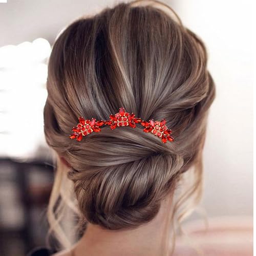 Bridal Crystal Hair Piece with Comb 3 Pieces Small Rhinestone Wedding Gold Hair Pins Accessories for Women Girls (Red) - color: Red