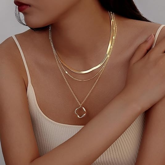 Evabelle Gold Layered Necklace for Women Trendy Jewelry 14K Real Gold Plated Chunky Chain Stackable Necklaces Dainty Choker Necklaces Rectangle Square Pendant - color: Gold Necklace 28