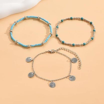 Stack Anklets Ankle Bracelets for Women Adjustable Waterproof Beach Jewelry Set Boho Gold Seashell Bead Surf Foot Chain Summer Gifts - color: 3pcs-Blue