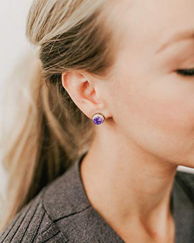SWEETV Cubic Zirconia Stud Earrings, 8mm Round Cut, Rhinestone Hypoallergenic Earrings for Women & Girls | 9mm Round Cut Hypoallergenic 925 Sterling Silver Stud Earrings for Bridal Bridesmaid Prom Weddings Parties,Silver - color: 09.Violet