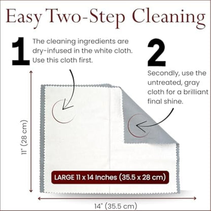 Pro Size Polishing Cloth Set of 2 Large Cleaning Cloths Pure Cotton Made in USA for Gold Silver and Platinum Jewelry Coins Watch, Silverware 11 x 14 inches each Tarnish Remover Keeps Jewelry Shining | Made in USA, Non-Toxic Tarnish Cleaner Infused on Ultr
