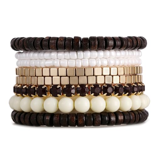 LUREME Boho Multi Strand Stackable Stretch Bracelet Set Wooden Cube Alloy Bead Bangle bl003172 - color: Dk Brown