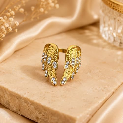 Angel Wing Adjustable Ring Set, Gold Silver Stackable Open Rings with Rhinestone Feather Design, Statement Jewelry for Women Party Daily Wear