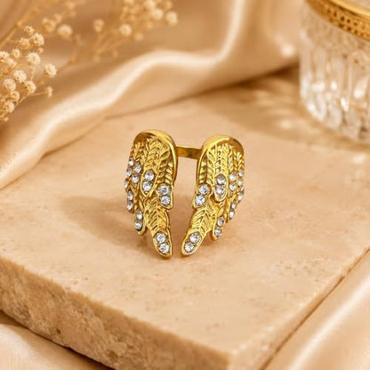 Angel Wing Adjustable Ring Set, Gold Silver Stackable Open Rings with Rhinestone Feather Design, Statement Jewelry for Women Party Daily Wear