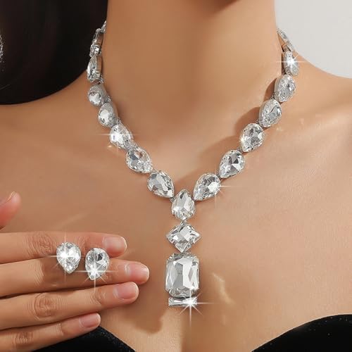 Fashion Colorful Green Silver Bridal Teardrop Crystal Necklace Earrings Set Square Necklace Pendant Crystal Wedding Jewelry for Women Exaggeration Halloween Choker Necklace Earrings Set for Women - color: Silver