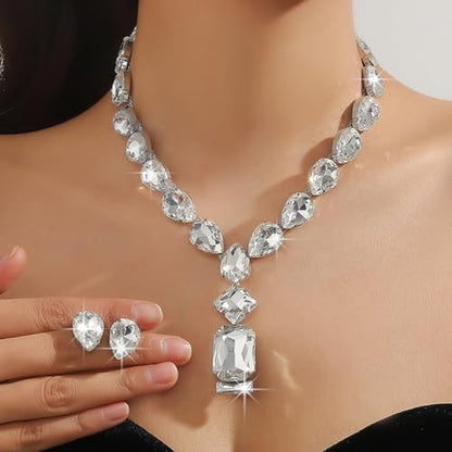 Fashion Colorful Green Silver Bridal Teardrop Crystal Necklace Earrings Set Square Necklace Pendant Crystal Wedding Jewelry for Women Exaggeration Halloween Choker Necklace Earrings Set for Women - color: Silver