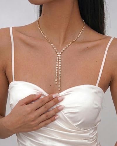 STONEFANS Long Tennis Necklaces for Women - Dainty Silver Lariat Necklace Rhinestone Y Shaped Drop Necklace Cute Choker Necklaces for Women Trendy Silver Prom Jewelry Gifts - color: Gold-Oval Y