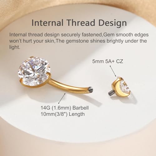 Gold Belly Button Ring, Titanium Dangle Floating Navel Piercing Jewelry - color: Gold-Rould CZ-10mm
