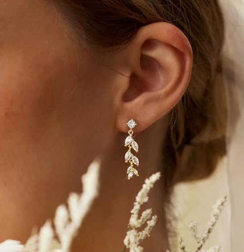 Lunvky 14K Gold Plated Dangle Earrings for Women Dainty Silver Drop Earring Trendy Long Dangling Wedding Bridesmaid Hoop Diamond Crystal Cute Earring Prom Jewelry Birthday Gifts - color: H-1 pair leaf gold
