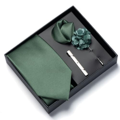 joy alice 30 Colors Solid Ties for Man Pure Color Men's Tie Set with Lapel Pin Pocket Square Tie Clip - color: Dark Green02